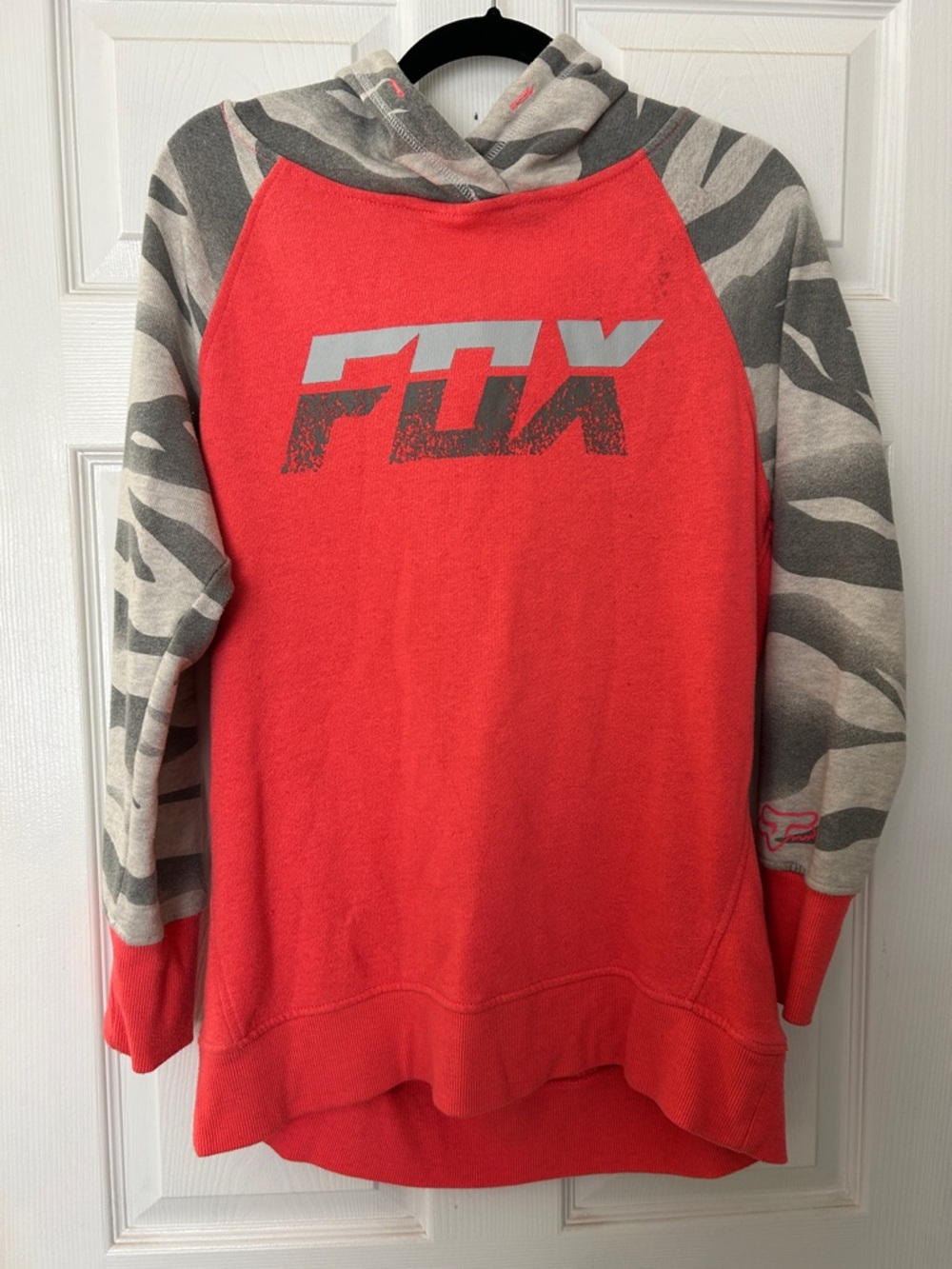 Fox Coral Red Pullover Hoodie with Grey Camo Sleeves